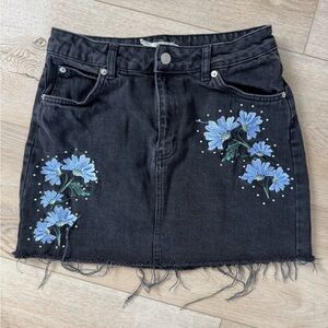 Topshop Embroidered Black Denim Skirt